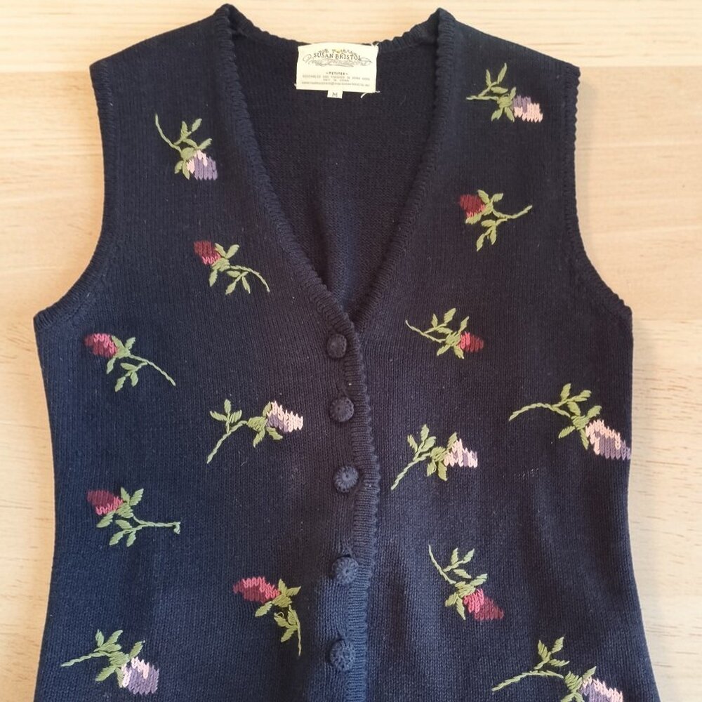 Vintage 1994 Susan Bristol Floral Embroidered Sweater Vest Black Button Up Women
